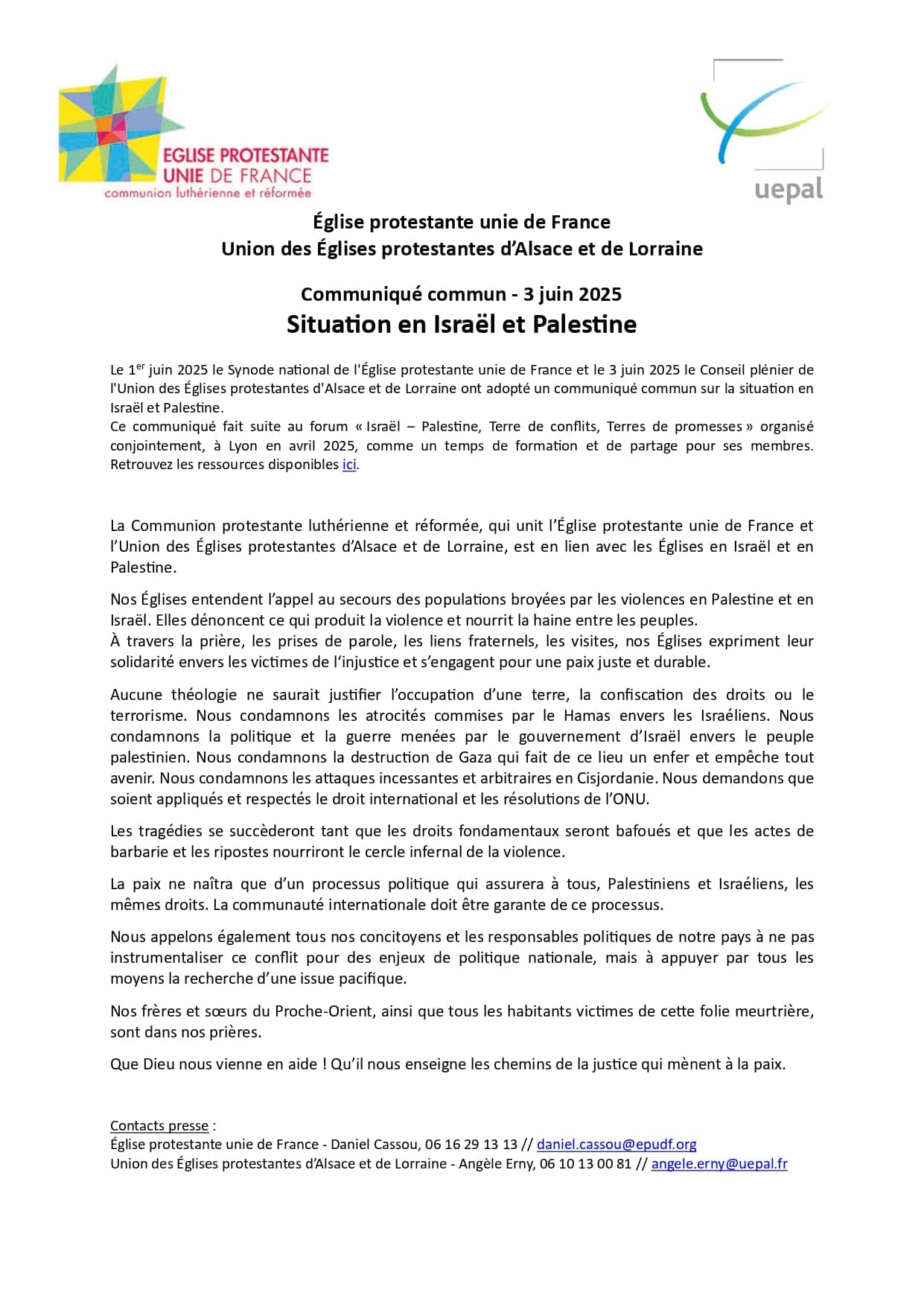 Communiqué de l’EPUdF et de l’UEPAL – Situation en Israël et Palestine – 4 juin 2025
