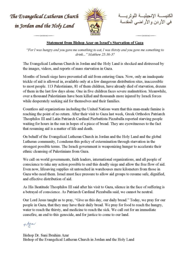 Famine à Gaza – déclaration de l’Eglise luthérienne palestinienne