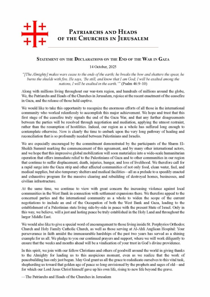 Déclaration sur la fin de la guerre à Gaza – Les Patriarches et les responsables d’Eglise de Jérusalem – 14 octobre 2025